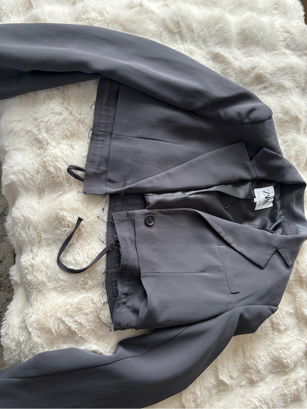Zara Charcoal Cropped Blazer with Raw Hem